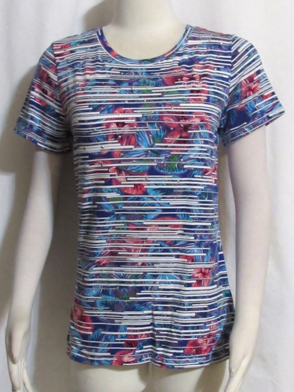 NEW Womens Ladies RAFAELLA Pink & Purple Floral Stretch Tee Shirt Top S ORIG $48